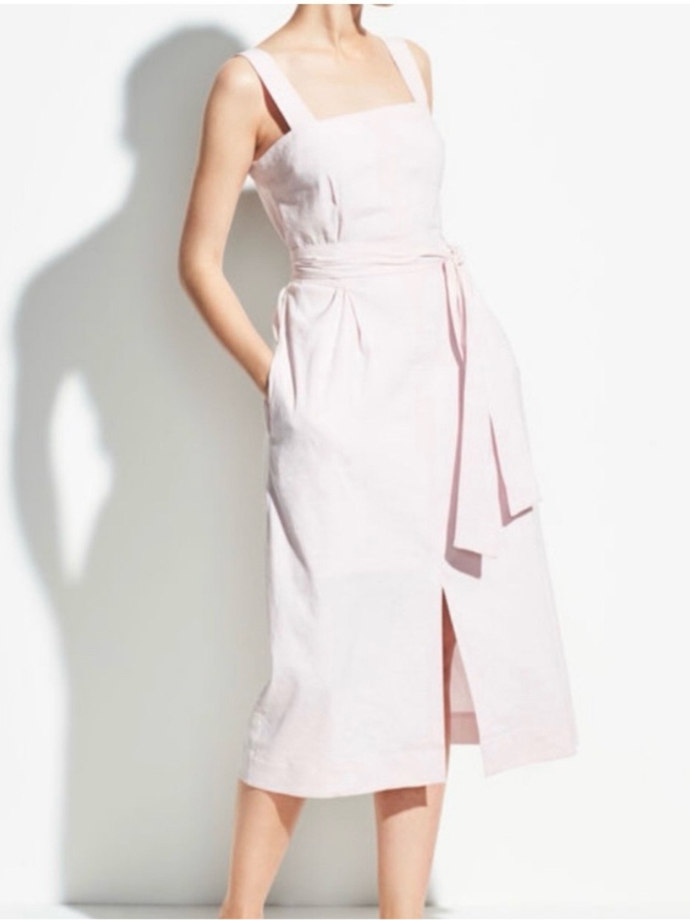 Vince Belted Square Neck Linen-Blend Midi Dress size 0